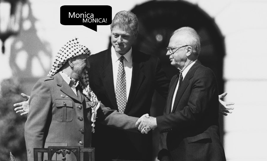 Oslo Accords U.S. Pres. Bill Clinton looking on as Israeli Prime Minister Rabin (right) shakes hands with Palestinian leader Arafat after the signing of the Declaration of Principles on Palestinian Self-Rule, September 13, 1993.