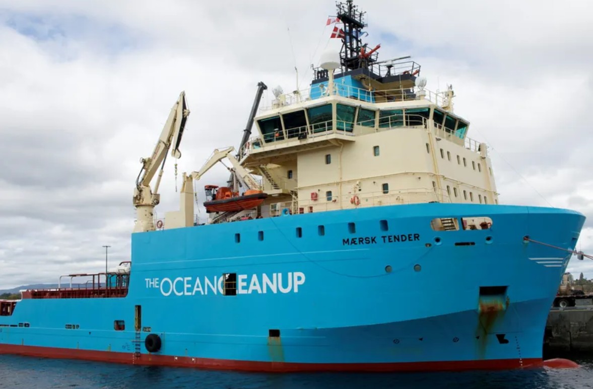 Blue Ocean Cleanup boat moored at the dock, ready for its next mission to remove plastic from the seas.