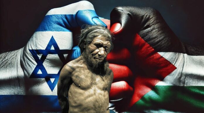 This image showcases the symbolic confrontation between Israel and Palestine through two hands, each gripping their respective national flags. The flags, vividly colored, are wrapped around the wrists, representing the long-standing conflict. The dark background contrasts sharply with the hands and flags, underscoring the tension and deep-rooted nature of their struggle.