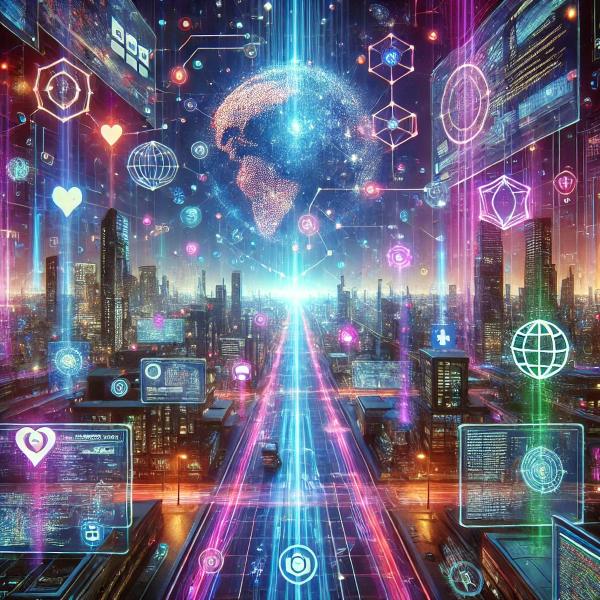 vibrant cyberpunk vision of the Internet with neon data streams, holographic interfaces, and an AI core processing endless digital connections.