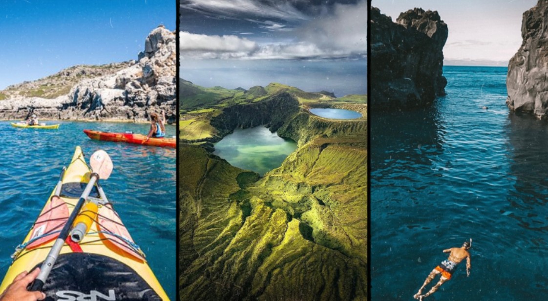 Collage of activities in the Azores: kayaking on the ocean, aerial view of the Sete Cidades lakes, and a swimmer exploring a rocky cove.