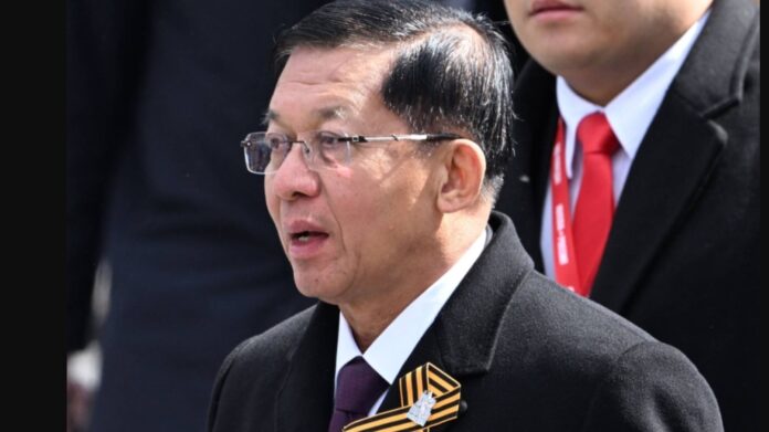 Myanmar military chief Min Aung Hlaing leaves Red Square after the Victory Day military parade in central Moscow
