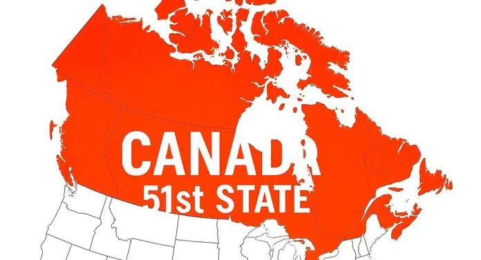 A digital political map humorously depicts Canada as the 51st state of the United States. Canada is colored red with the bold white text 