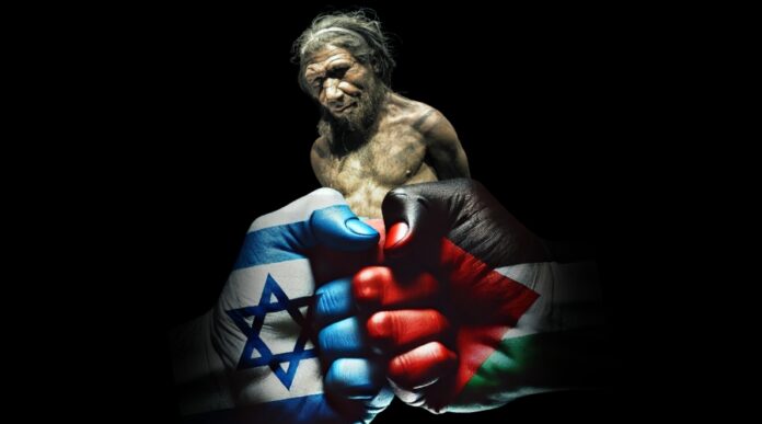 Two severed fists with Israel and Palestine crests, Cro-Magnon man behind.